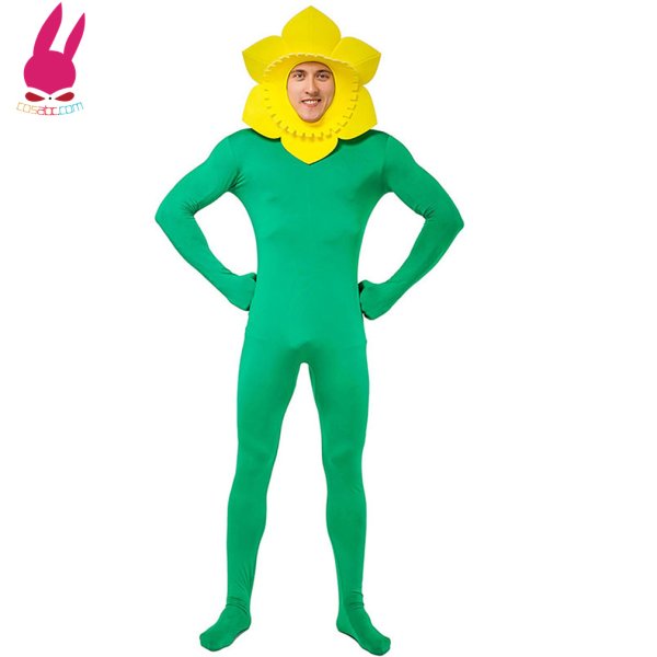 画像2: ひまわり コスプレ衣装 全身タイツ コスチューム 大人 連体服 帽子あり 被り物 ハロウィン 仮装 忘年会 新年会 文化祭 ヒマワリ　 (2)