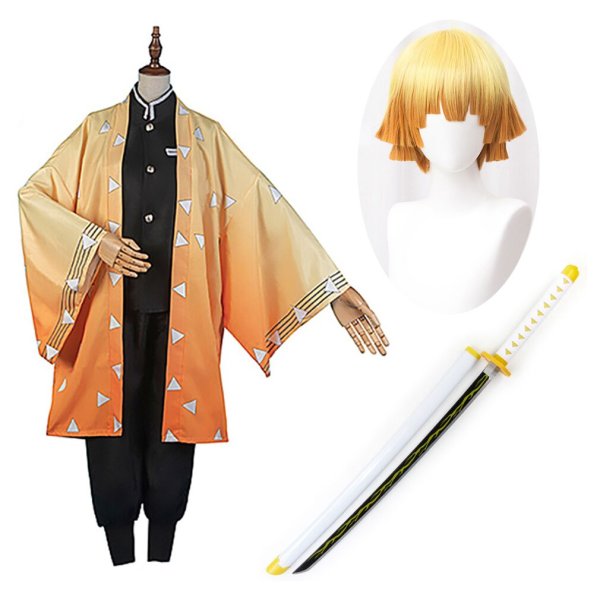 画像1: cosabc 鬼滅の刃 我妻善逸 コスプレ衣装  子供用 大人用 日輪刀道具 ウィッグ  イベント 演出服 二次会 コスチューム パーティー ハロウィン (1)