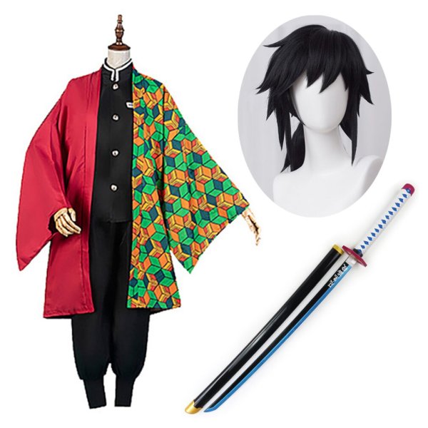 画像1: cosabc 鬼滅の刃 冨岡 義勇コスプレ衣装  子供用 大人用 日輪刀道具 ウィッグ  イベント 演出服 二次会 コスチューム パーティー ハロウィン (1)