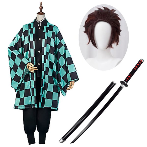 画像1: cosabc 鬼滅の刃 竈門 炭治郎コスプレ衣装  子供用 大人用 日輪刀道具 ウィッグ  イベント 演出服 二次会 コスチューム パーティー ハロウィン (1)